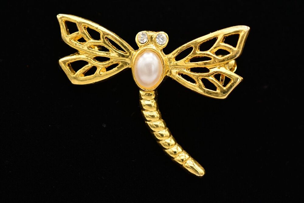 Vintage Dragonfly Pin Brooch Gold Pearl Rhinestone Crystal NOS 1980s BinA10